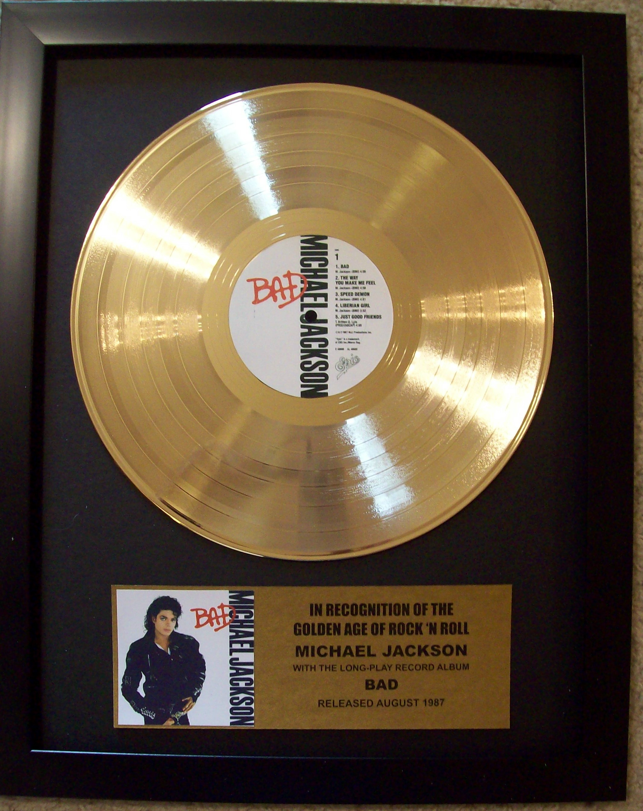 Michael Jackson BAD Gold LP Record